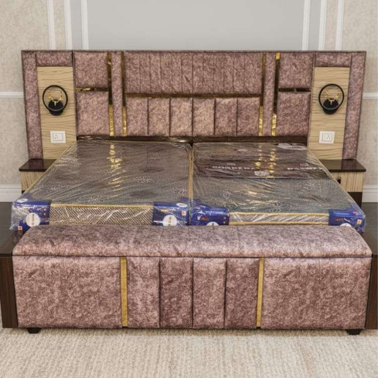 Dusty Pink Texture Designer King Size Bed with Upholstered Headboard and Storage